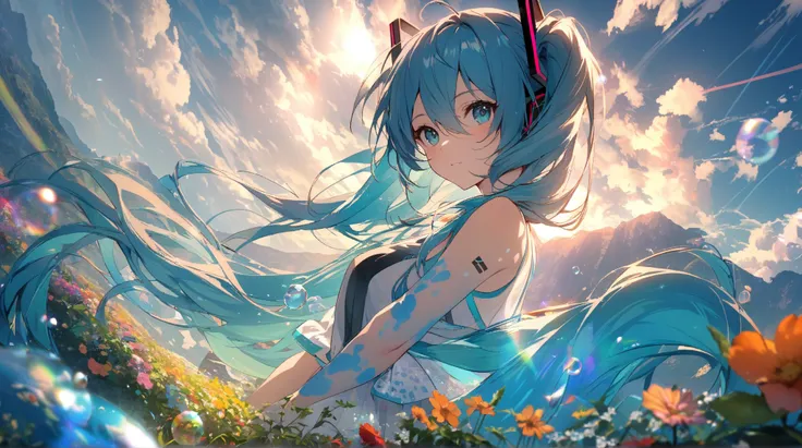 ＪＫ, flowing hair with handprints,beautiful sky from the light source,  beautiful clouds, summer， Colorful Flowers, (Transparent bubbles sparkle in the sky), masterpiece,Hi-Res,Wide Angle Lens、1 girl, Hatsune Miku, Vocaloid, blue eyes,  Lantern, long hair, ...