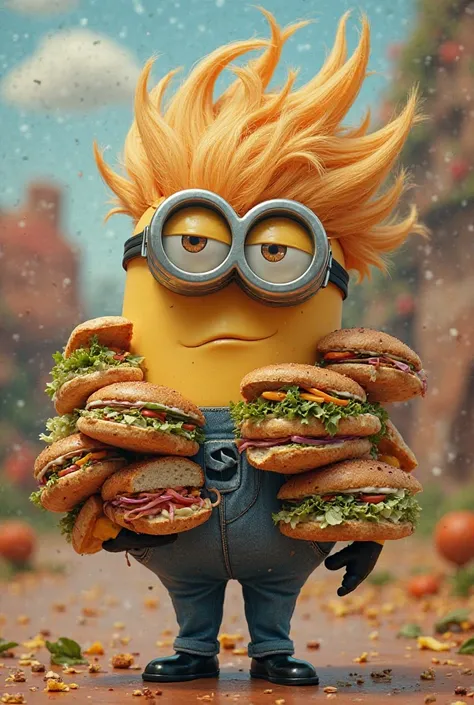 Make a thin and rich minion with long hair with lots of sandwiches