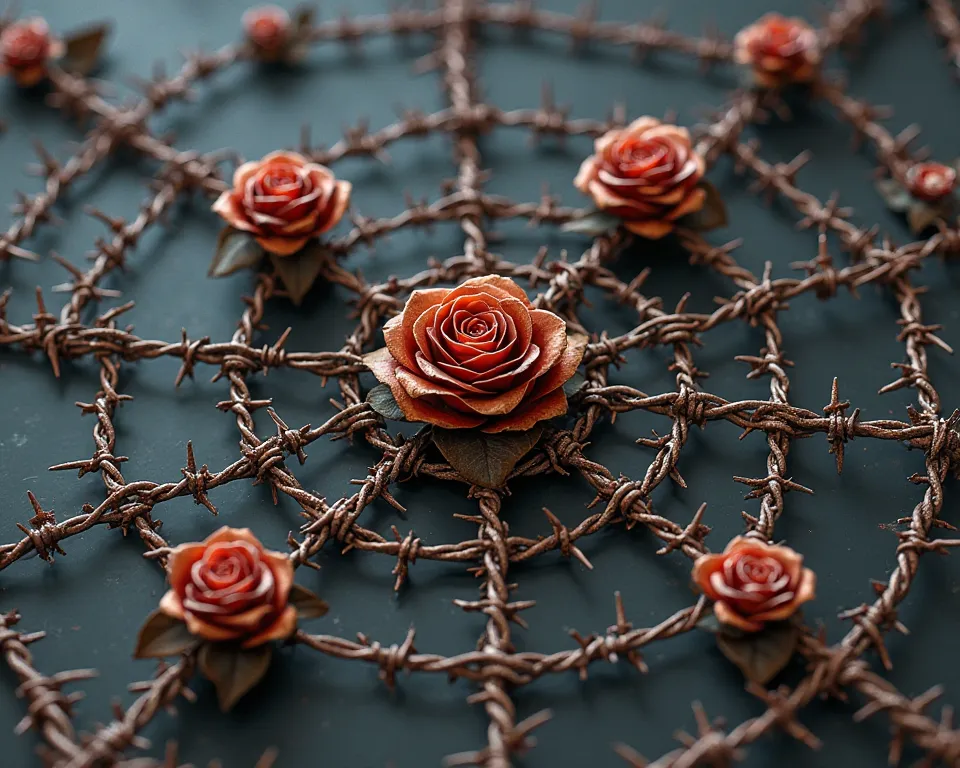 An intricate spider web-like network is made entirely of barbed wire. The wires are a matte black color, with touches of reddish rust that are scattered unevenly, giving it an antique and worn look. Each wire is covered in small, sharp barbs that protrude ...