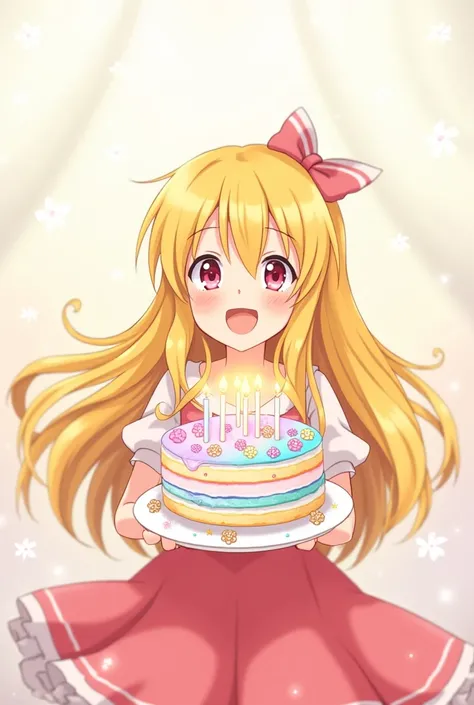 A girl with long blonde hair holds a birthday cake and smiles, blushing. anime style