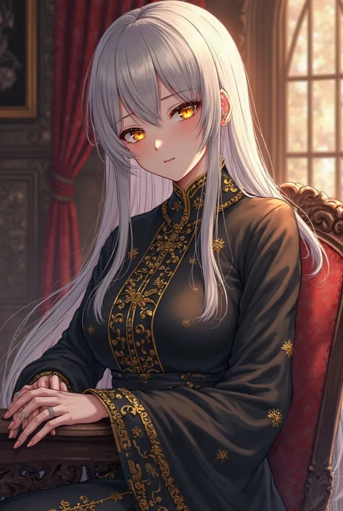 Her long silver-white hair cascaded over the armrest.

Her golden eyes burned with an unnatural glow.

She was clothed in flowing black silk, embroidered with golden insignias of an era long forgotten. Anime