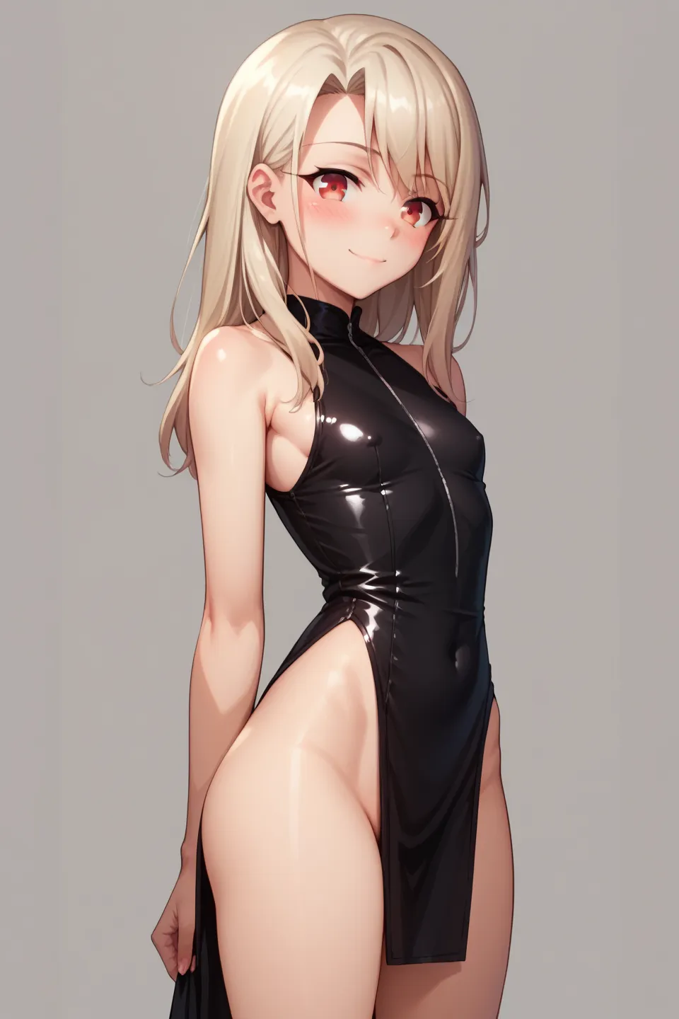 simple background, 1girl, black latex dress, illyasviel von einzbern, small breast, red eyes, blonde hair, blush, smile, closed mouth, crotch,