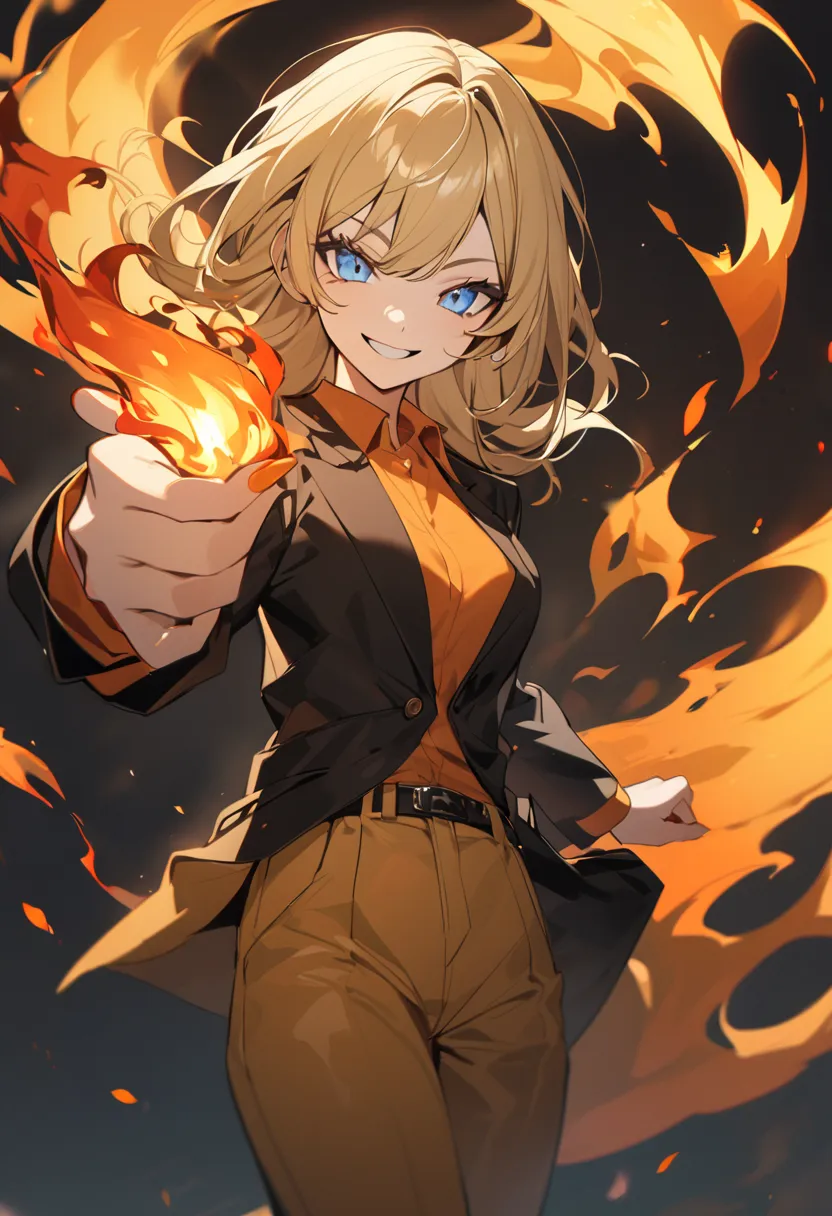 cool girl with long blonde hair, blue eyes, orange shirt, black blazer, dark yellow pants, brown shoes, cool smile, with fire on her hand