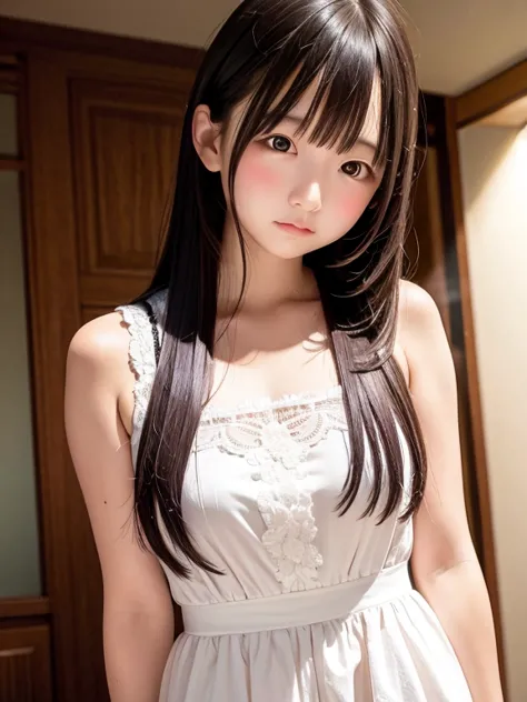 (best quality, masterpiece, high resolution, (photorealistic), upper body), 1girl (ephemeral, spiritual, sacred, cute, sweet, neat, Japanese, innocent), face ((adorable, pretty, baby face)), eyes ((lovely, (round), large)), ((pale skins)), (arms behind bac...