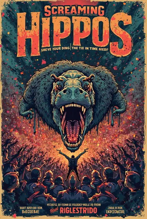 Draw a poster for a band concert 
It must be
Title : Screaming Hippos
Место: Broadway came in large numbers
Date and time : March 6, 19:00