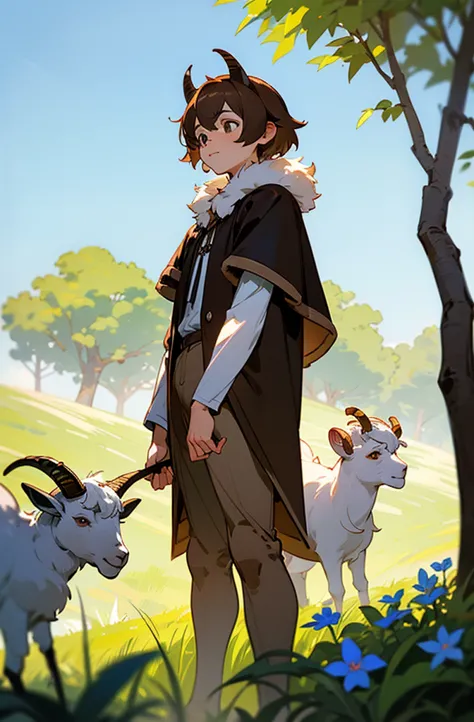 Charming scenes from ((solo)), (Anthro furry) (goat_boy:1.5),(brown_fur:1.5), Anthro the furry goat boy has a short and tousled hairstyle with light brown hair that matches his fur color . His fur is soft, shaggy, and creamy white with light brown spots on...