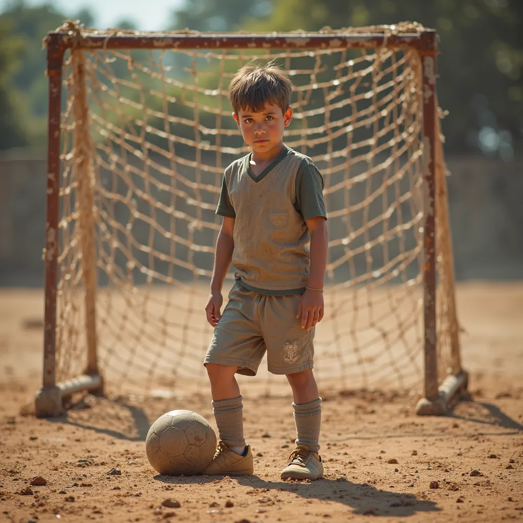 Create a realistic photograph of a  boy wearing a slightly dirty football uniform and cleats, standing on a humble dirt field with a ball placed near the penalty spot. A bucket is tied to the crossbar of the goal, serving as the target for his penalty kick...