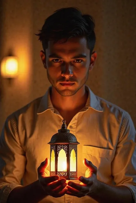 A picture of a handsome young man with no beard, no mustache and short hair holding a Ramadan lantern 