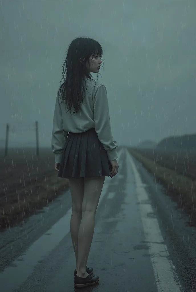 A girl in a miniskirt is slowly walking in the sad rain, romantic melancholy landscape. Near the end of the road the girl turns slowly her pure beautiful face softly shedding tears
