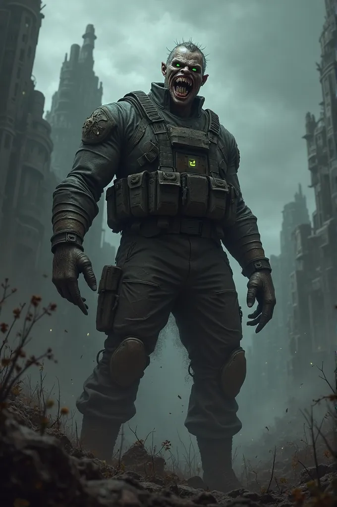 A military man in a modern uniform, with the face of a monster, in a terrifying and dark place