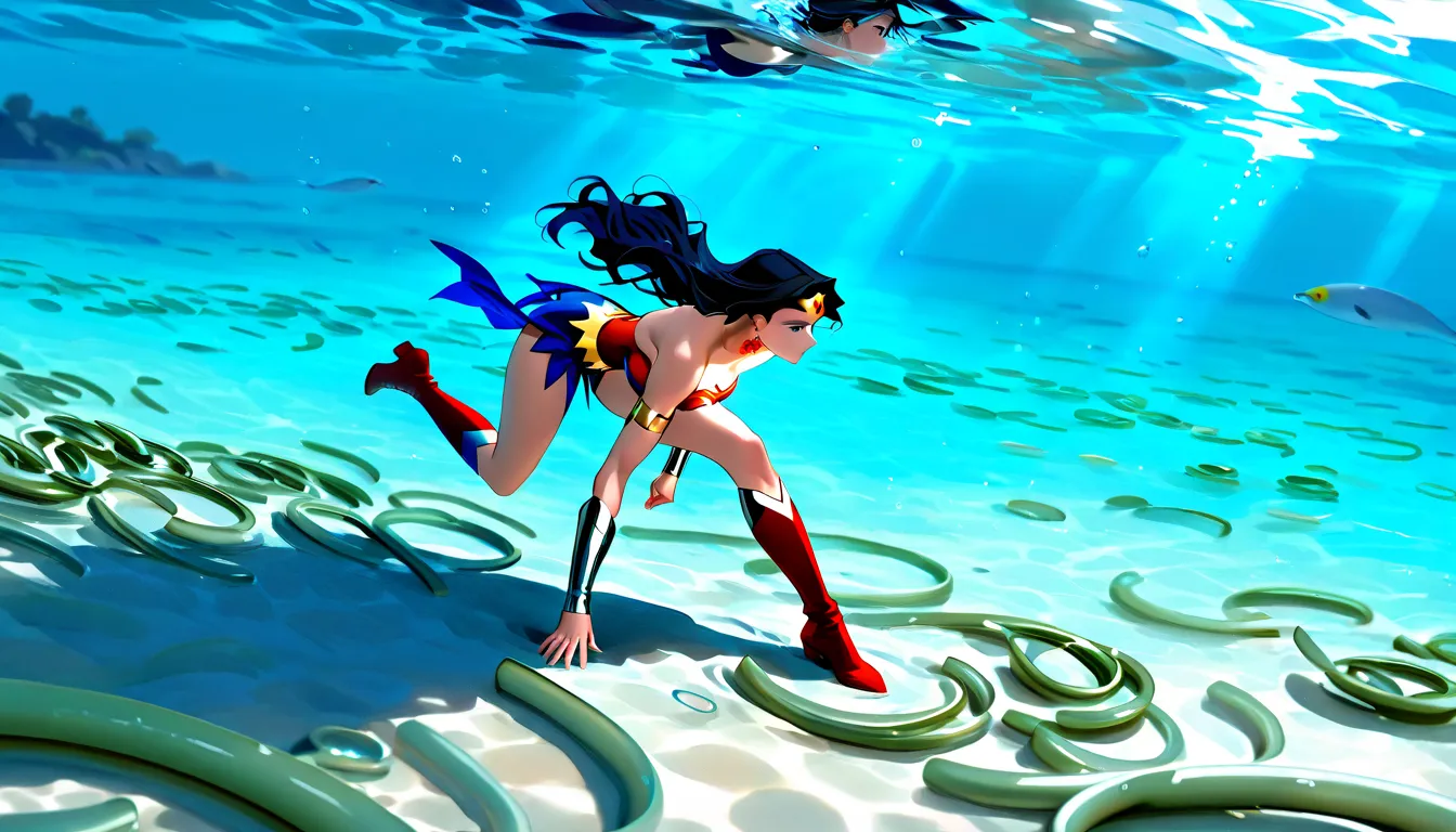 masterpiece, high image quality, １Wonder Woman has a beautiful face、 Accurate Wonder Woman costume and boots、Wonder Woman standing and swimming underwater、((Countless eels swim around Wonder Woman、A group of eels swimming closely together))、(((Wonder Woman...