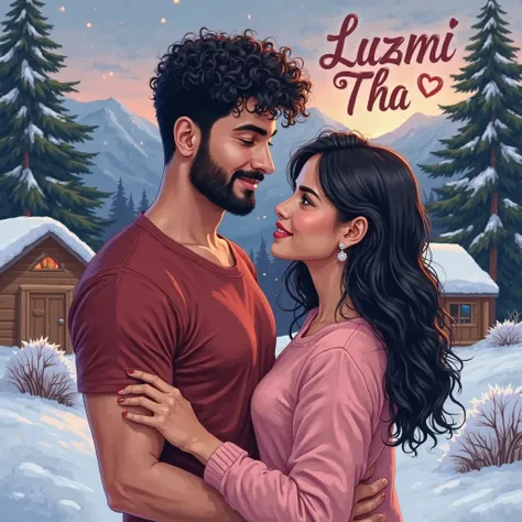 "A romantic illustrated poster featuring a young couple in a cozy winter setting. The man has a beard, curly black hair, and wears a fitted red T-shirt, while the woman has long black hair, silver earrings, and wears a pink sweater. She embraces him from b...