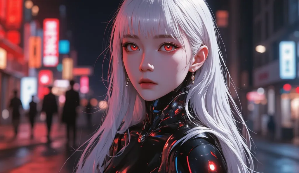 AI woman with matte black and white cyberbody, with red glowing details, very tall, with thick thighs, wide hips, long legs, and a slender waist. Dark red glowing eyes, Very long flowing white hair with straight bangs. sad expression on face, Clean face. N...