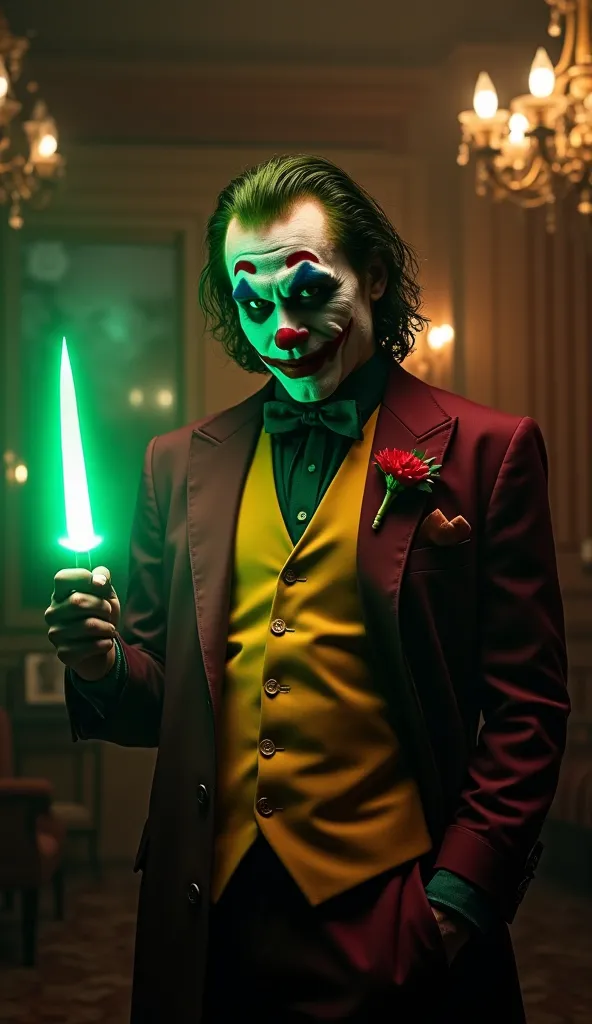 "A dark and cinematic portrait of the Joker standing in a dimly lit, vintage-style room with wooden walls and chandeliers casting a warm glow. He wears a stylish, classic suit with a mustard-yellow vest, a green shirt, and a red overcoat, with a single flo...