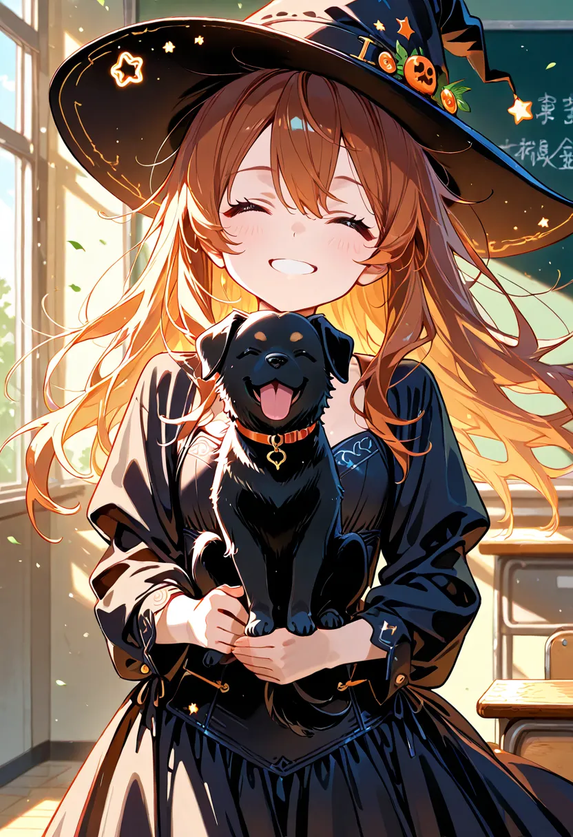 1girl, solo, loli, dog girl,
, long hair, messy hair , cleavage, floating hair, microskirt, witch, witch hat, long dress, black dress, black Puppy, 
happy, closed eyes, 

spring, day, school, classroom, Standing in front of blackboard, teacher and student,...