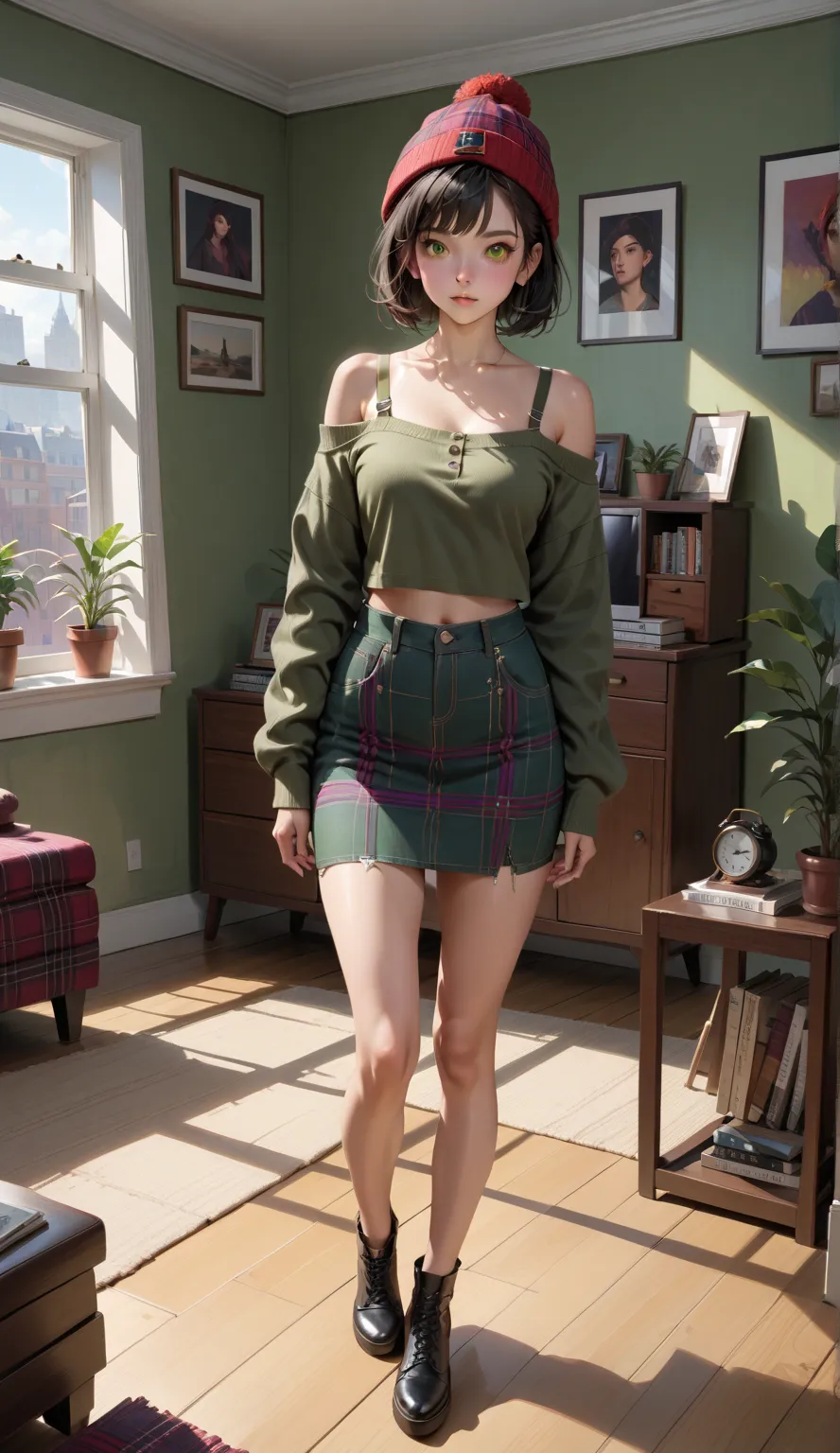 young damsel, standing posed, at her living room, (someone standing behind her (+1boy)), BREAK, (short hair, half updo, black hair, red knitted hat), BREAK, ((dark-green long sleeves off-shoulder ,olive-green tank top straps), (purple tartan plaid denim pe...