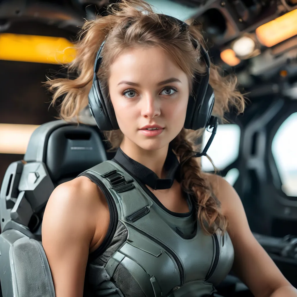 Highly detailed photo of a women, SF soldier, 35yo, (Mech warrior of women mercenary, (military tank top)), sitting like a queen, Stately and dignified, Very dissatisfied look, (headset, Powerful and beautiful eyes, (female bodybuilder's body), 8K Ultra HD...