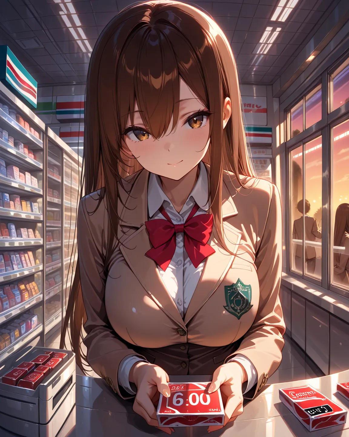 masterpiece, best quality, high quality, highres,

long hair straight hair hair between eyes brown hair, large breasts, cute face,

collared shirt, brown blazer, school uniform, red bow,

indoors, convenience store, counter, Evening, Window, Holding a cond...