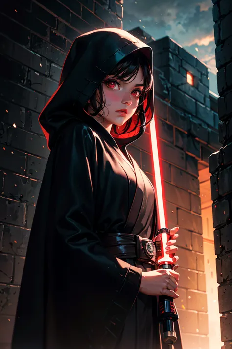 female,alone,front,star wars,black robe,black hood,glowing red eyes,red lightsaber in right hand,sexy outfit visible through robe,standing,building rooftop,dark and suspicious sky