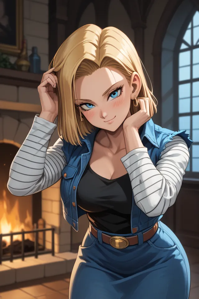 score_9, score_8_up, score_8, medium breasts, (curvy), cute, eyelashes,      ,,,  zzAndroid18, blue eyes, blonde hair, short hair, jacket, denim, denim jacket, jewelry, earrings, long sleeves, shirt, skirt, belt, stripes, 
(leaning forward, head tilt), blu...