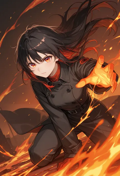 beautiful black hair with a red inner color.  an anime woman standing on the burning and melting ground {x} she was wearing a cool long black coat、she was surrounded by intense flames. Afterglow. she had very beautiful red eyes. flames scattering around he...