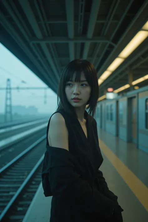 　 best image quality、score_9,  score_8_ up 、masterpiece、nsfw、Distant view 、1 Japanese girl、smiles, shy、 has a lot of white space, ( nudes:1.5)、Bewitching pose、 station platform、