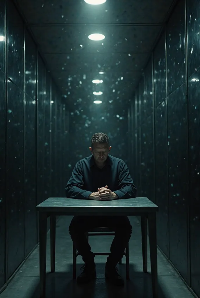 
1 man,Sitting in the investigation room,with mirrored mirrors, criss-cross