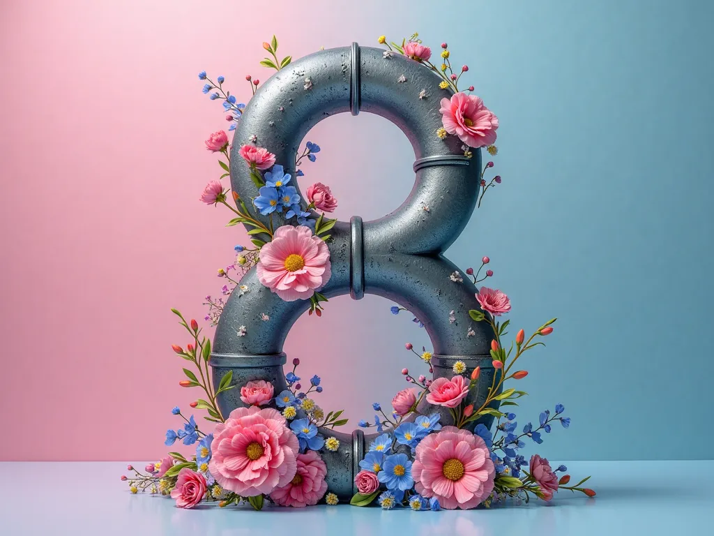 Two oil pipes create the number 8 with colorful and beautiful flowers for international women's day card. Pink and blue gradient background, studio shooting.