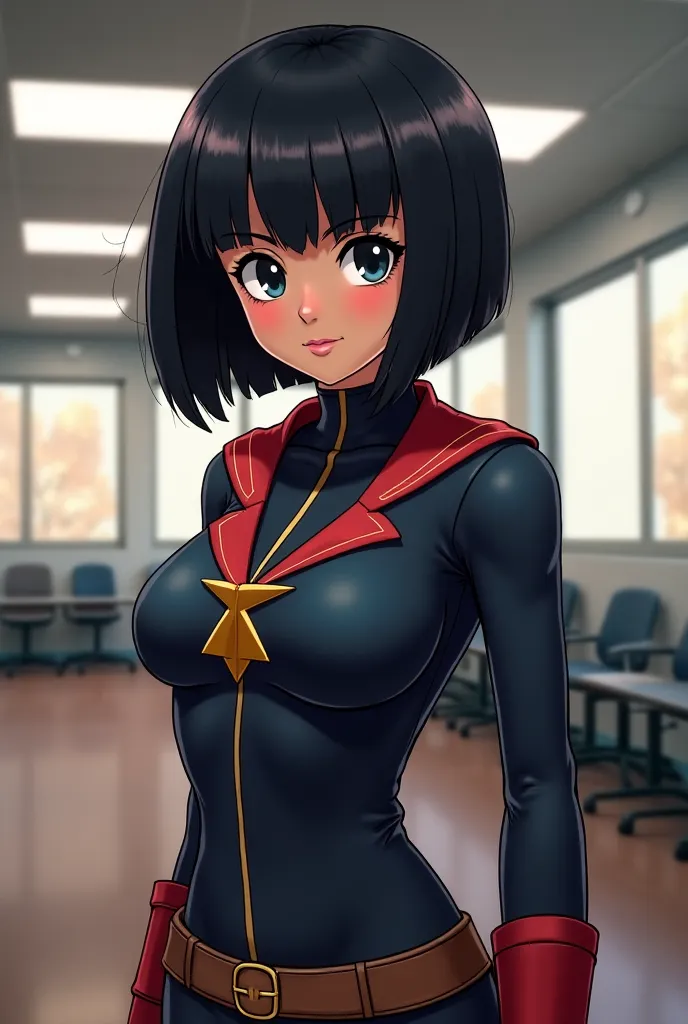  Screenshot of my hero Academia .  
Chica de pelo negro corto con mechones reyes, with bangs, eyes, reyes, She has big breasts, has a small waist, has the uniform of the au , And in the background it is in a room in the AU