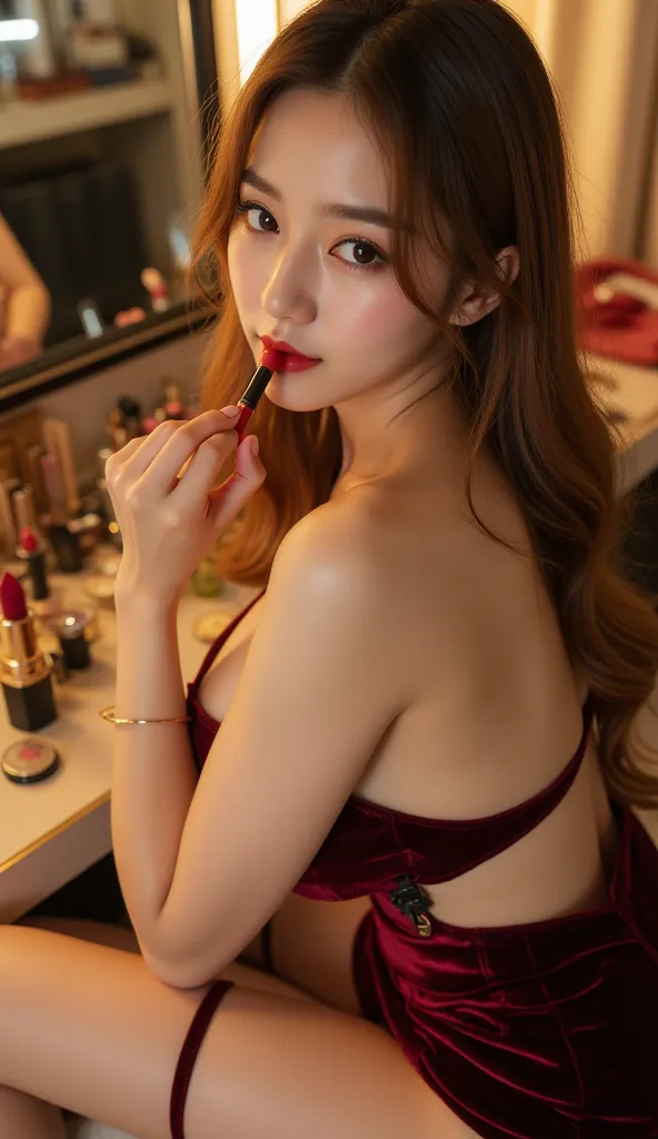  artistic photography ，High Angle，Ultra HD，High image quality。
in the retro-style makeup room，The light in front of the mirror softly reflected the mirror，A 20-year-old Japanese actress sitting in front of the dressing table，Wearing a burgundy shoulderless...