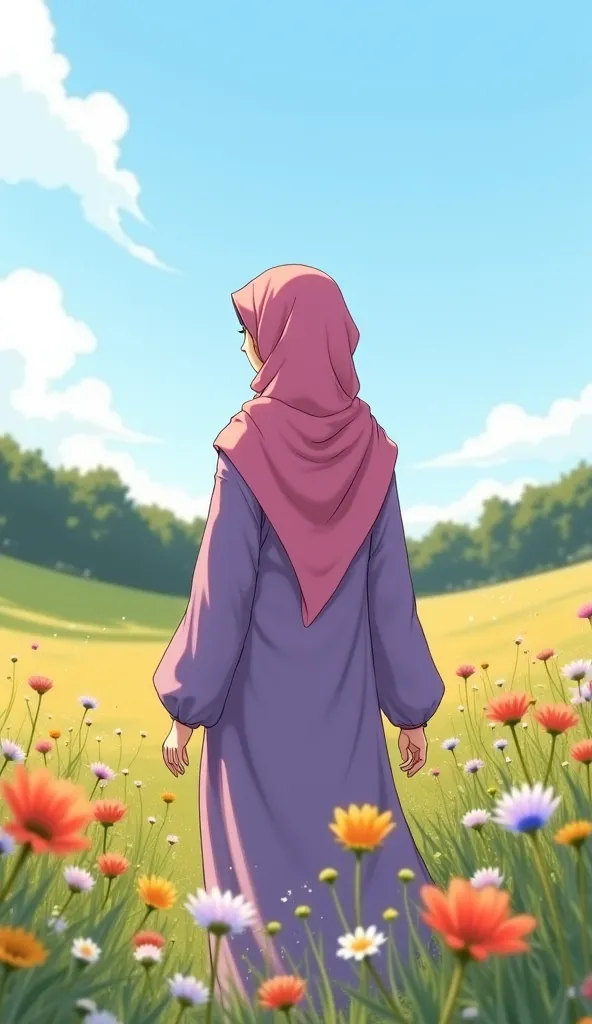 A Muslim woman wearing a soft purple robe with a pink hijab and niqab, walks amidst a field of wildflowers. The art style is ultrarealistic with an anime-inspired touch, studio ghibli style anime 4k, featuring smooth yet detailed textures, a balanced blend...