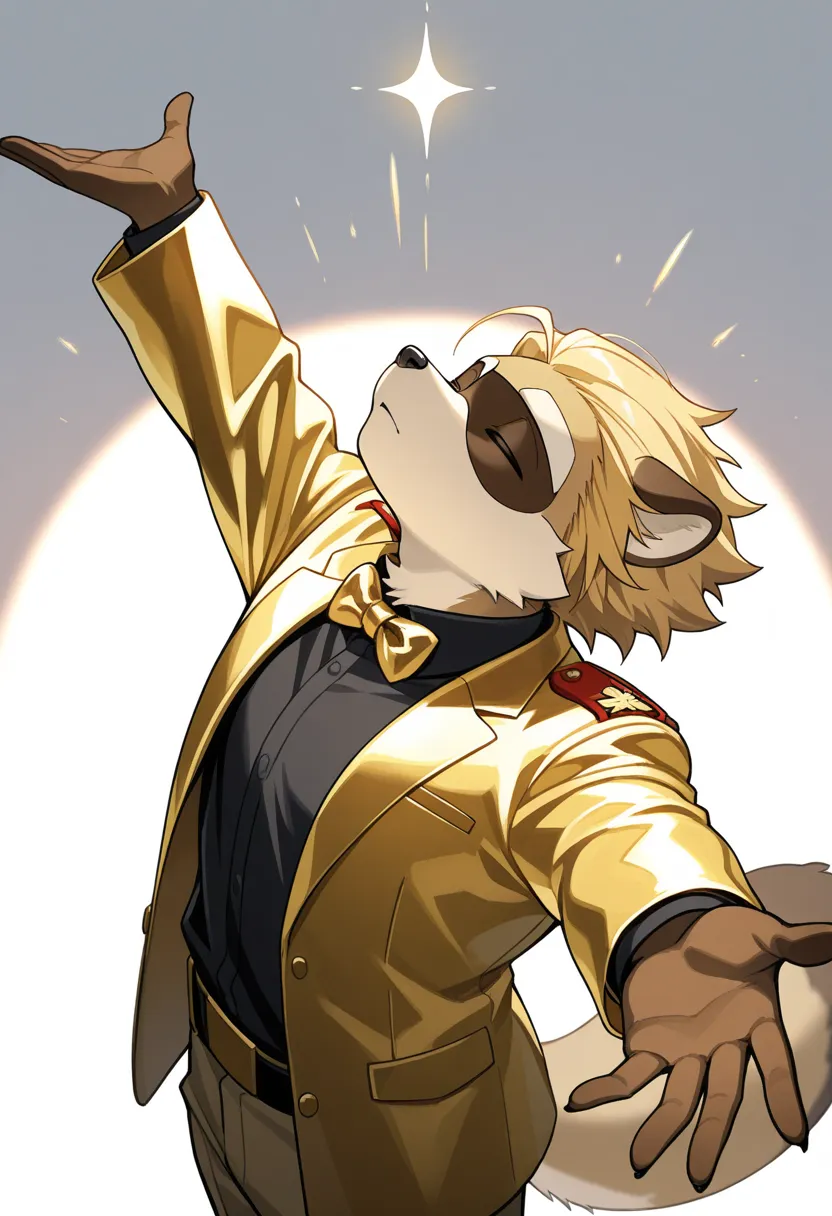 1boy, (furry, kemono:1.4), raccoon boy, animal nose, raccoon tail, solo, male focus, blonde hair, eyes closed, gold jacket, gold slacks, gold bow tie, arms outstretched, alone, looking up, military, hair slicked back, head tilted, short hair, black shirt, ...