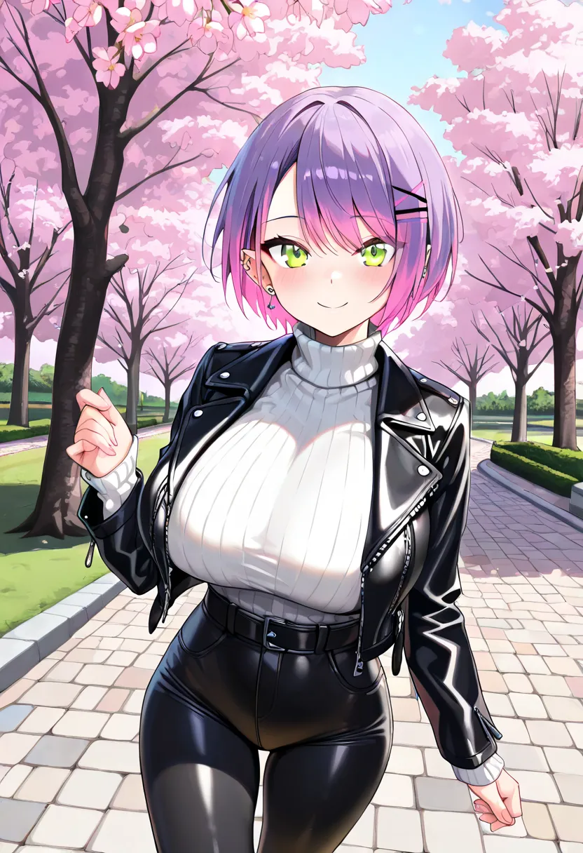 (Best Quality , 8k , masterpiece , incredibly absurdres , perfect body , super detailed skin , highly detailed eyes and face , 1 woman ) , tokoyami towa , purple Hair , Green eyes , smile ,  will be happy , ( black leather jacket , white turtleneck sweater...