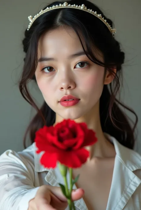 Realistic photo portrait of a beautiful young European woman with a hairband extending to the right a carnation flower to a person