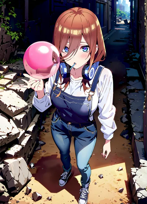  score_9,  score_8_up,  score_7_up,  source_anime, Nakano Future, long hair, bangs, blue eyes, brown hair,  o,  headphones ,  headphones  around neck, Big Breasts,sideboom,naked overalls, denim jeans,Sneakers,standing,Blowing bubble gum,rubble,full bodyがil...