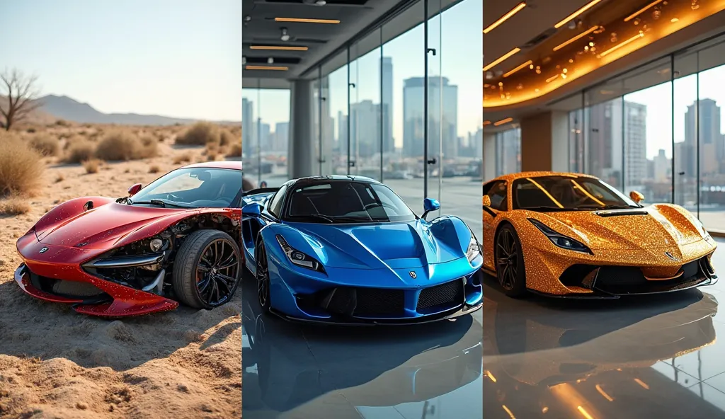 Here is the detailed prompt to generate an image similar to the one you provided:


---

"A triptych of three sports cars is presented, each in a different state and color theme. The left panel showcases a damaged red sports car abandoned in a desert. The ...