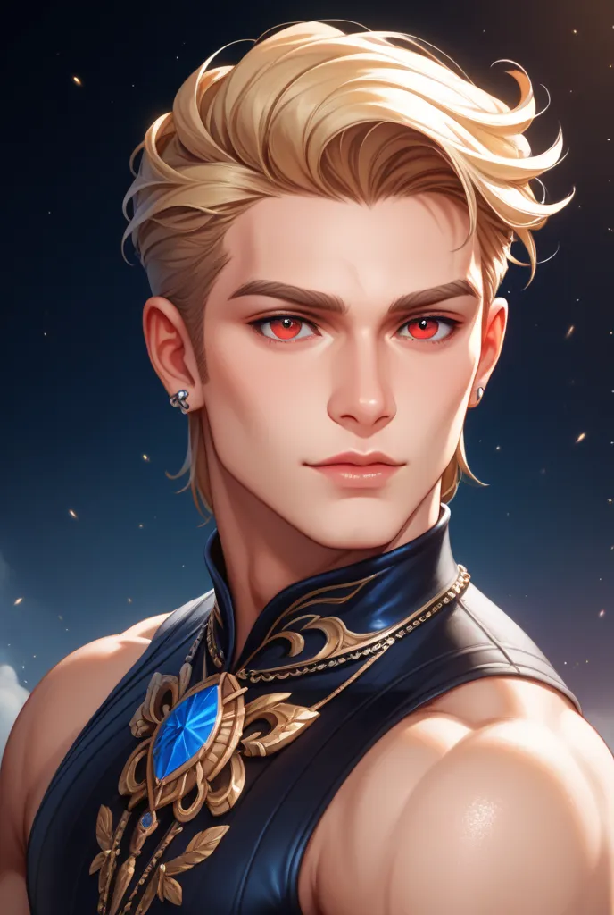 A handsome man with wide shoulders, royal clothes, blond hair and red eyes with a perverse expression.