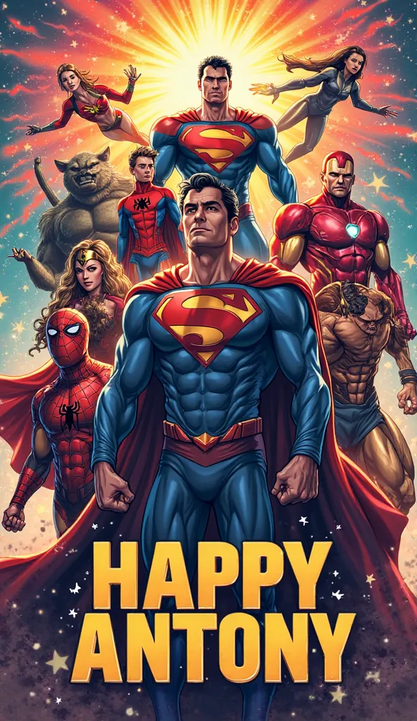 Create me a poster or image with different superheroes to congratulate my nephew Antony on his birthday and write in Spanish "HAPPY BIRTHDAY ANTONY"