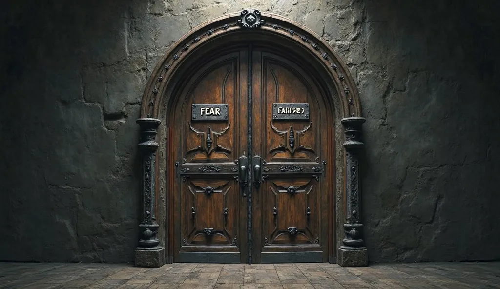 A metaphorical image showing two doors—one labeled “Fear” and one labeled “Failure.” The “Fear” door is huge and intimidating, while the “Failure” door is small and easy to step through.