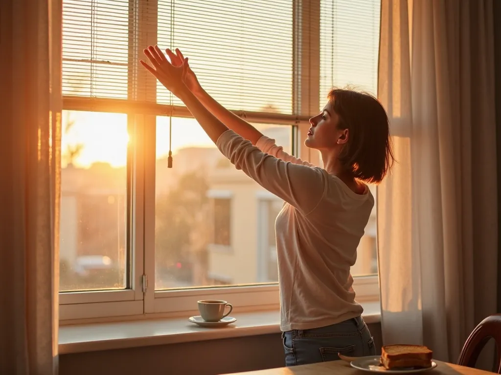 Sunlight filtering through thin blinds, a young woman in her 20s with short hair stretching while looking out the window in casual attire, a cup of coffee placed on the window, toast on the table, a realistic photo-like image