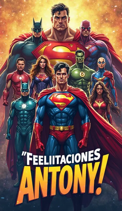 Create me a poster or image with different superheroes to congratulate my nephew Antony on his birthday and write in Spanish "Congratulations ANTONY"