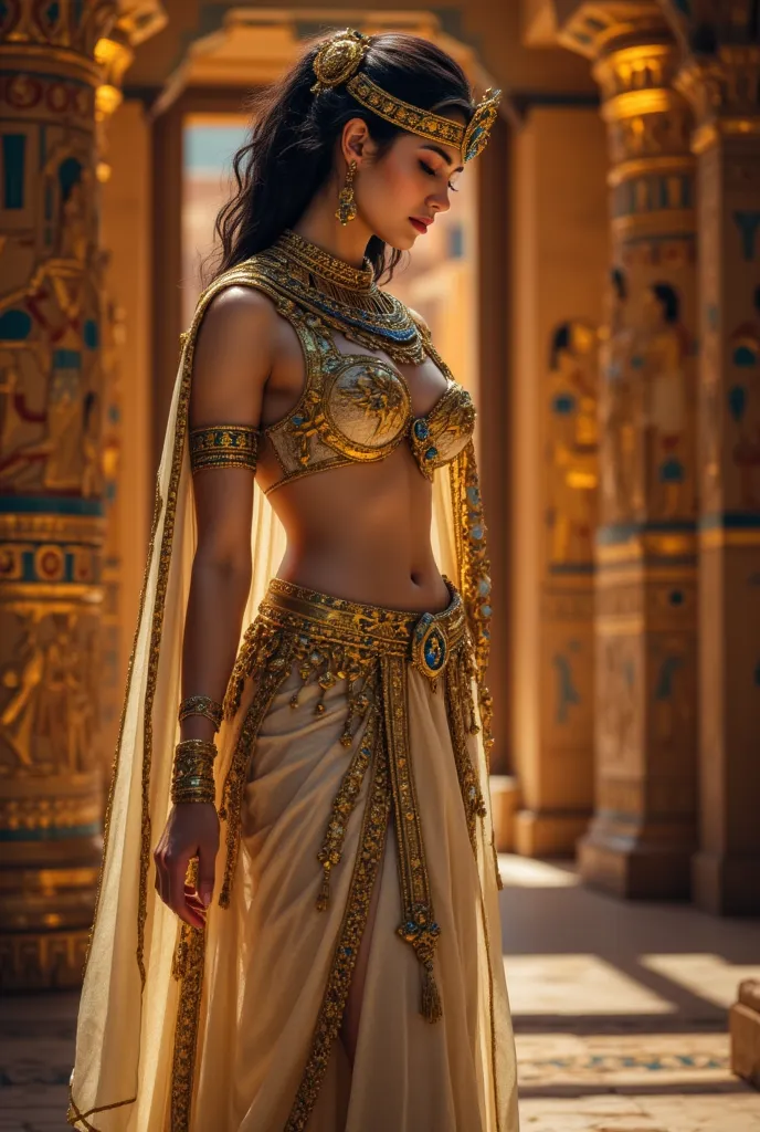 create a hyperrealistic, highly detailed, image of an egyptian goddess, inspecting the interior of a temple, dressed in gold in style of ancient egyptian garb, with fine jewel embroideries