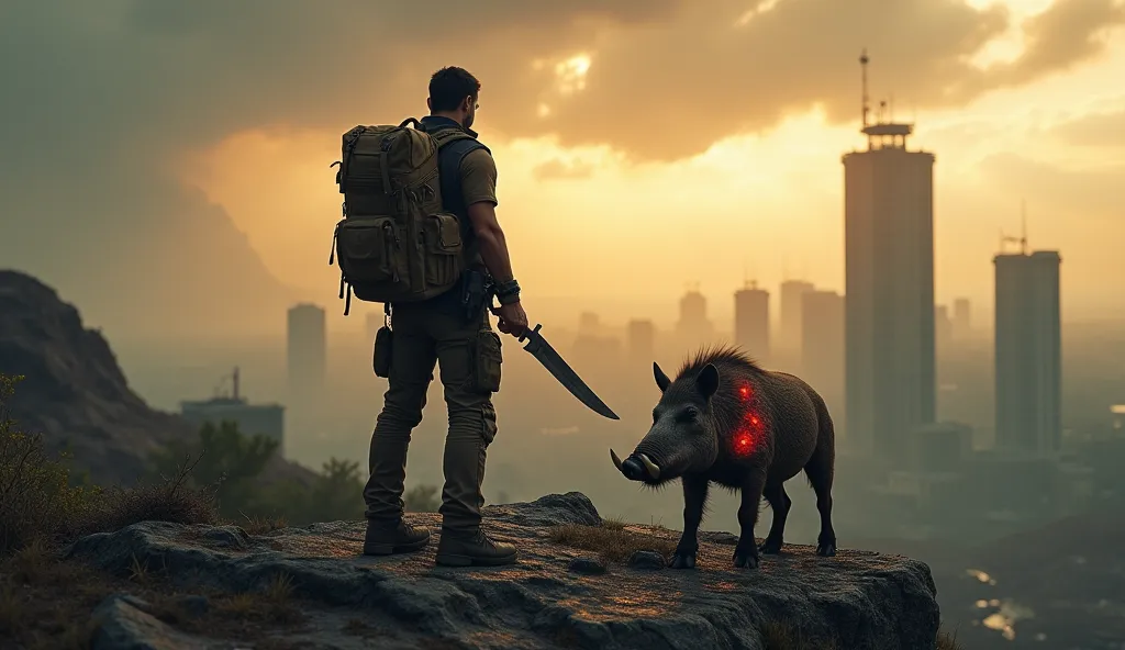 "A lone survivor standing on a rocky cliff, overlooking a vast post-apocalyptic cityscape at sunset. The survivor is wearing tactical gear with a backpack and holding a sharp machete, ready for survival. Beside him, a mutated wild boar with glowing red wou...