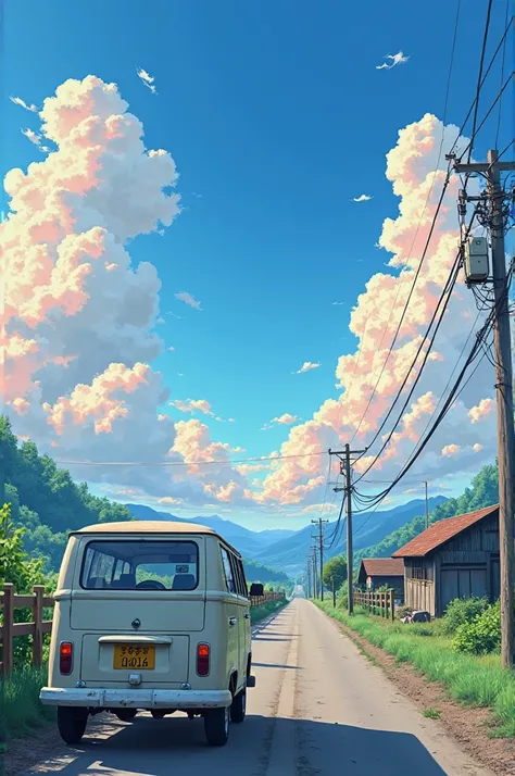 PROMPTNYA :
A stunning semi-realistic anime-style rural road scene under a vibrant blue sky with towering cumulus clouds tinged with soft pink and orange hues. A narrow, slightly worn asphalt road stretches into the distance, flanked by green grass and woo...