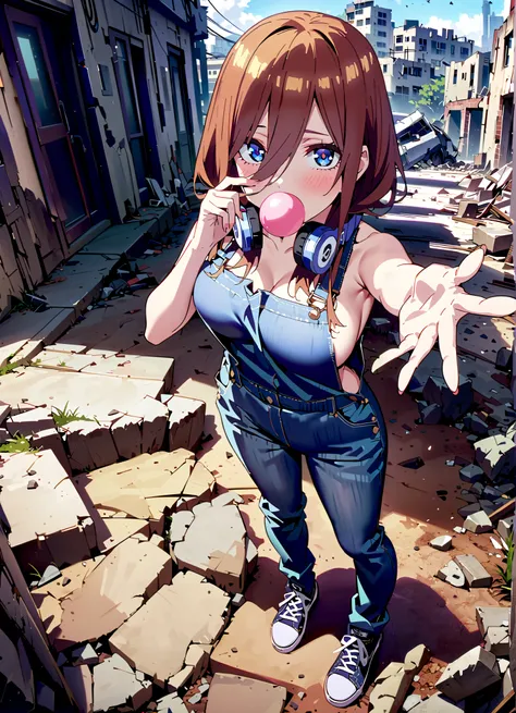  score_9,  score_8_up,  score_7_up,  source_anime, Nakano Future, long hair, bangs, blue eyes, brown hair,  o,  headphones ,  headphones  around neck, Big Breasts,sideboom,naked overalls, denim jeans,Sneakers,standing,Blowing bubble gum,rubble,full bodyがil...