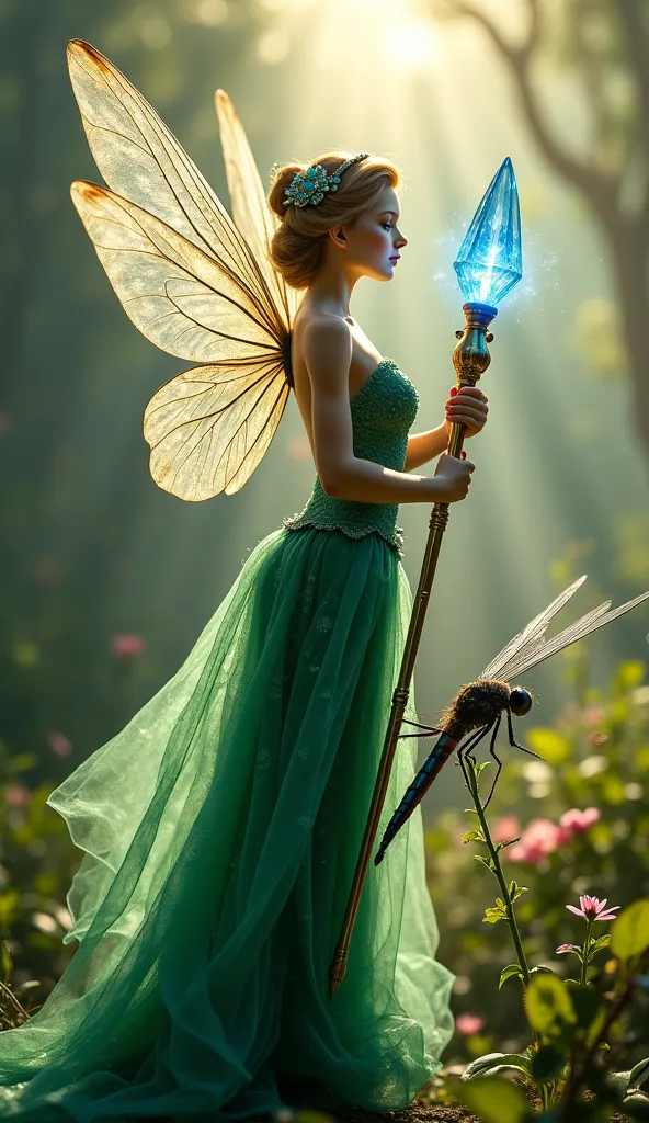 Macro photograph of a regal fairy queen with gossamer wings and a flowing emerald gown, perched elegantly on the back of a sleek dragonfly. She holds a crystal staff pulsating with soft blue light, her expression serene yet commanding. The dragonfly’s comp...