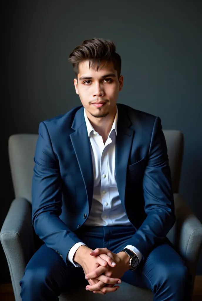 Used the attached photo, create a portrait of a young man in his 20's, blue suit. Mid-fade comb over haircut. Sitting on a chair. Background is mild dark photo room. 