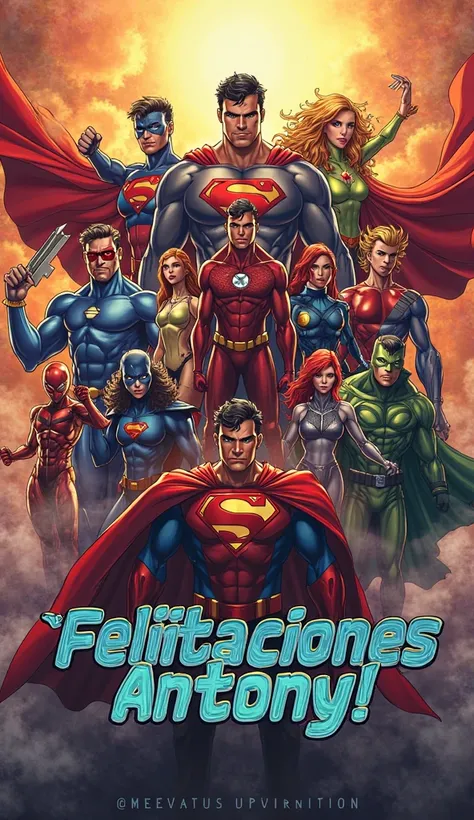 Create me a poster or image with different superheroes to congratulate my nephew Antony on his birthday and write in Spanish "Congratulations ANTONY"