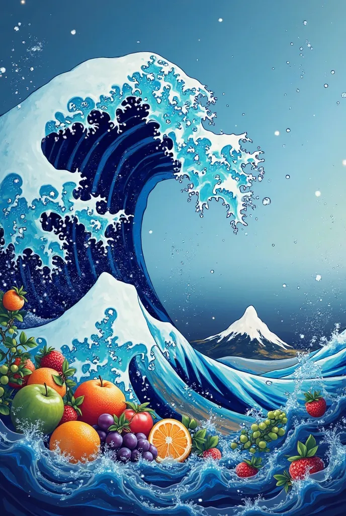 A surreal and lively digital illustration dominated by a spectrum of blue hues—cerulean, cobalt, sapphire, and azure—depicting a powerful ocean wave inspired by The Great Wave off Kanagawa. The curling wave, with its icy white and frothy turquoise crests, ...