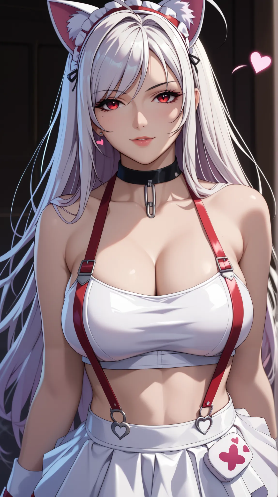 vampire moka akashiya, long hair, red eyes, ahoge, white hair, large breasts, headdress with white fake cat ears、wear a white suspenders over an off-shoulder short-sleeve white crop top、white heart(symbol) print on crop top, low-rise white latex (A-line) t...